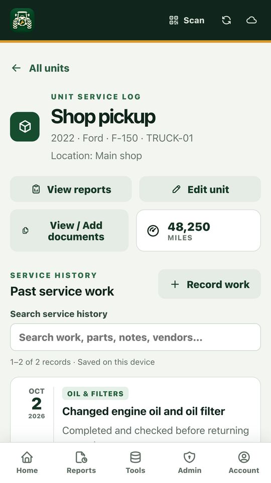 A unit’s service history list.